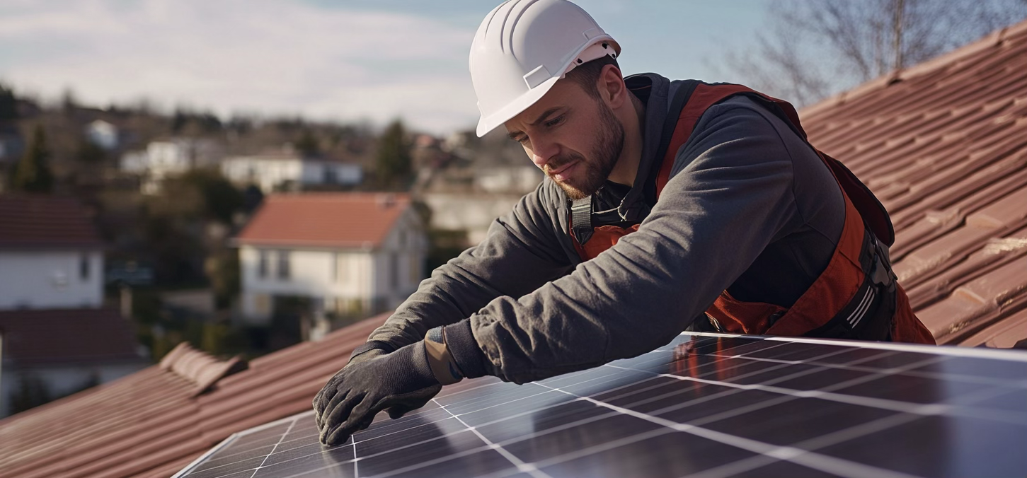 Compteur Linky avec factures d&rsquo;&eacute;lectricit&eacute; EDF et Engie en premier plan, sur fond de maison &eacute;quip&eacute;e de panneaux solaires.